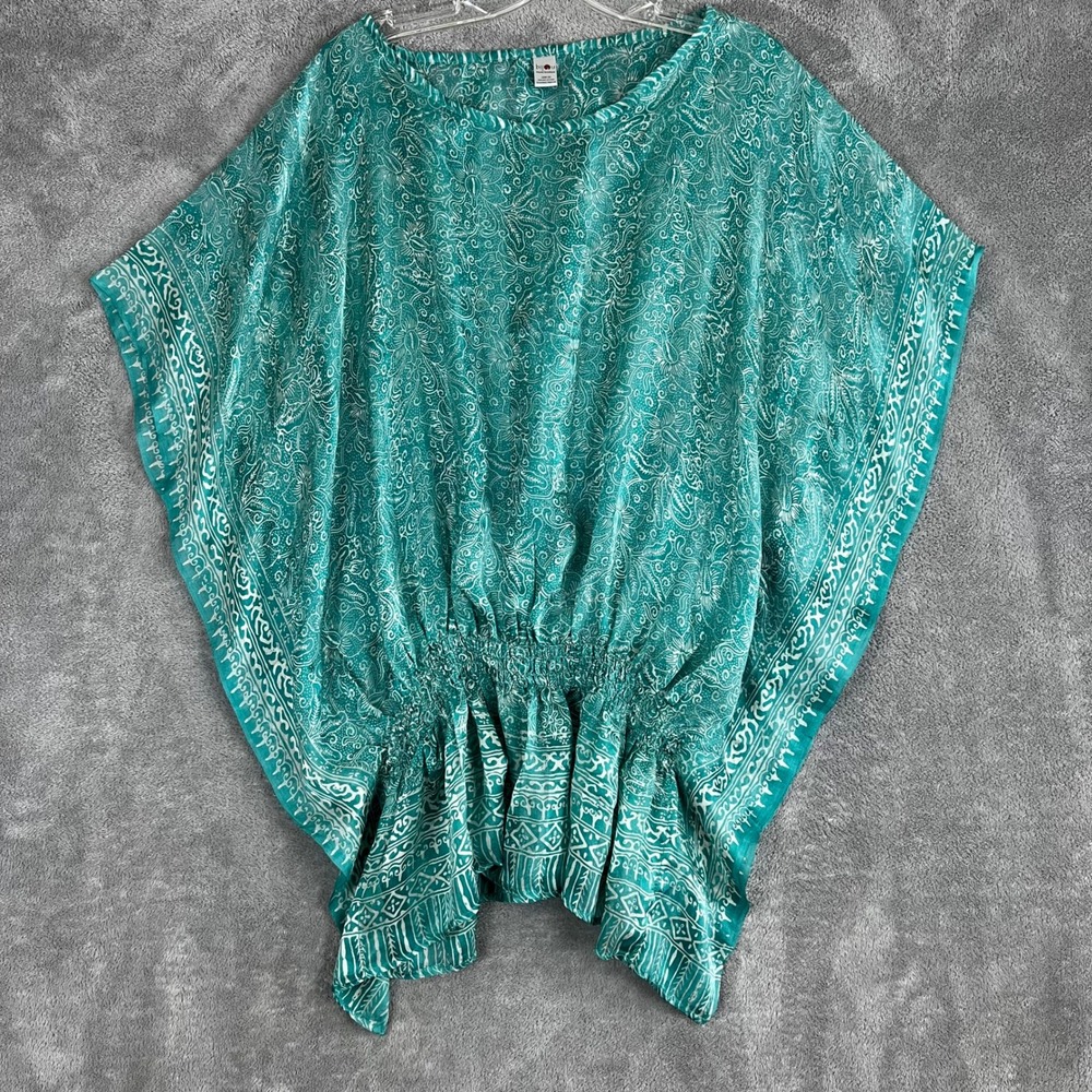 Bijou Caftan Tunic Blouse Womens OS 100% Silk Green Paisley Boho Vacation